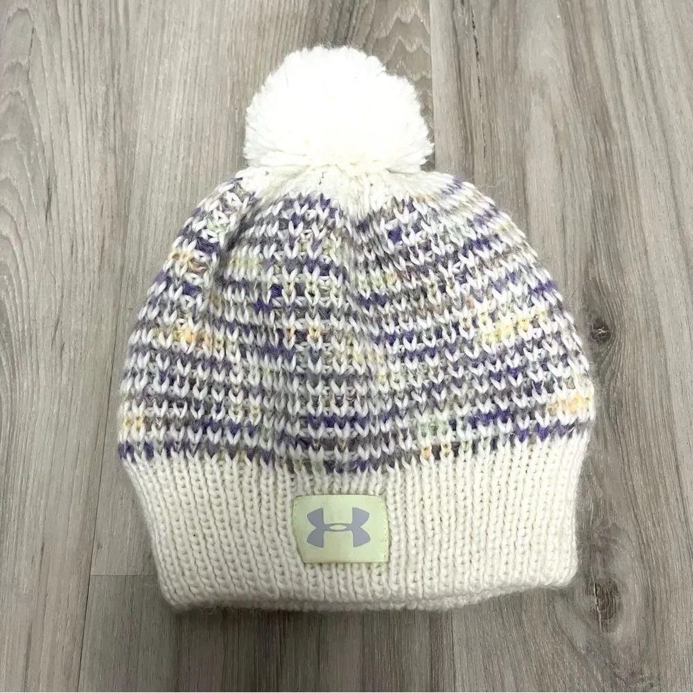 Under Armour Hat Girls Youth OS White and Purple Marled Knit Beanie with Puff‎